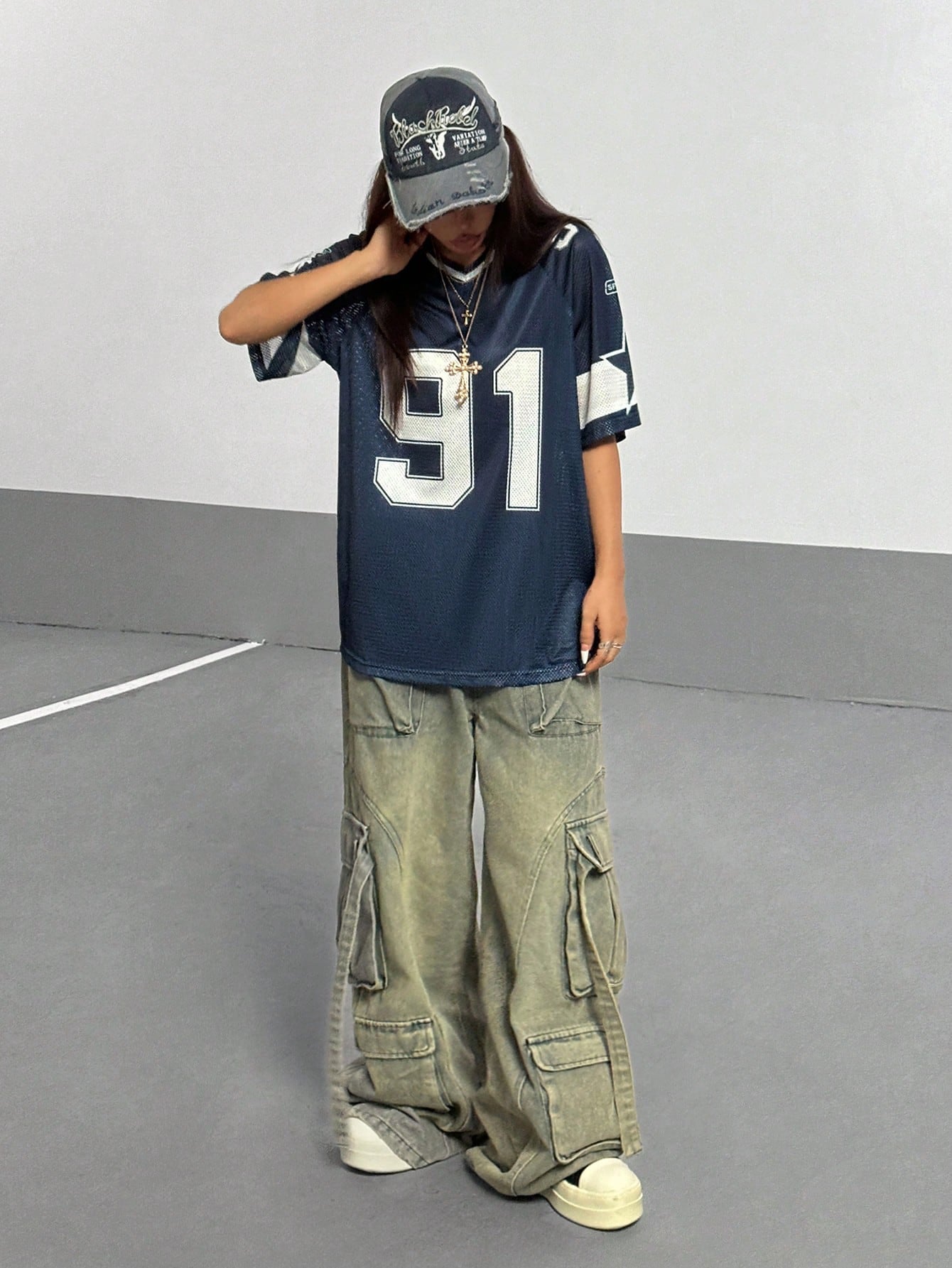 Flirla Women's Numeric Print Short Sleeve Mesh Colorblock Loose Fit Sports T-Shirt, Spring/Summer Graphic Tees Women Tops