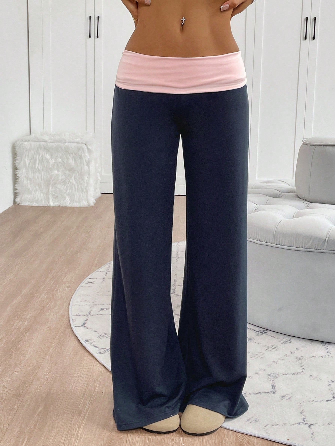 INAWLY Women's Casual Contrast Foldover Waist Wide Leg Sweatpants Graduation,Back To School Outfits,Graduation,Teacher Outfits For Women,Back To School