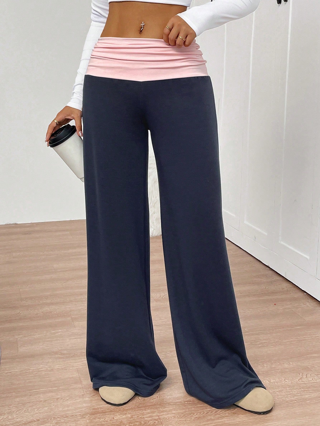 INAWLY Women's Casual Contrast Foldover Waist Wide Leg Sweatpants Graduation,Back To School Outfits,Graduation,Teacher Outfits For Women,Back To School