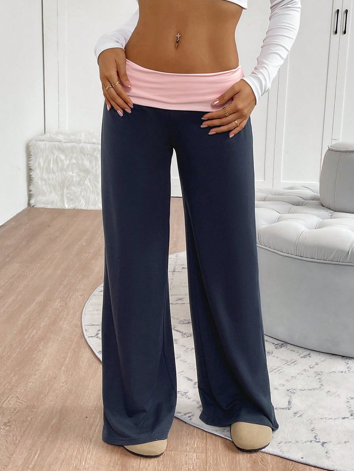 INAWLY Women's Casual Contrast Foldover Waist Wide Leg Sweatpants Graduation,Back To School Outfits,Graduation,Teacher Outfits For Women,Back To School