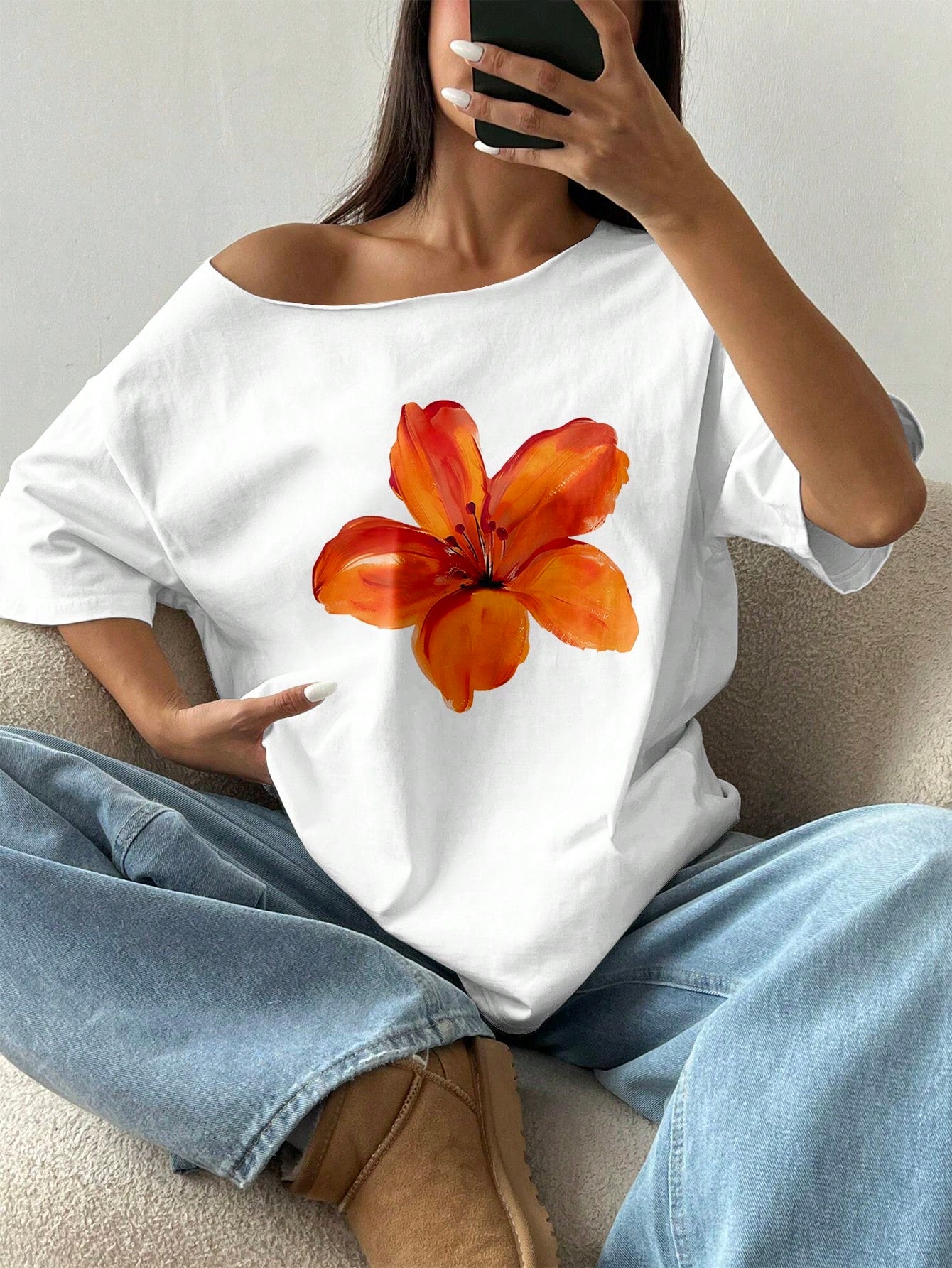 SHEIN MOOSTA Women's Loose Floral Hibiscus Off Shoulder Short Sleeve T-Shirt, Oversized, Navy Blue