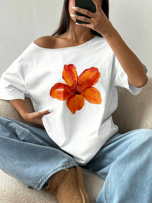 SHEIN MOOSTA Women's Loose Floral Hibiscus Off Shoulder Short Sleeve T-Shirt, Oversized, Navy Blue