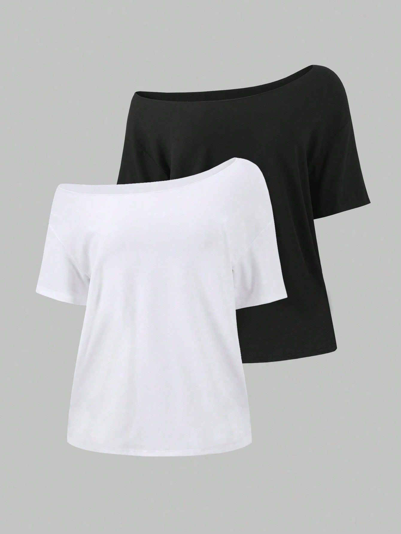 Sunnyshic 2pcs Women Oversized Loose Oblique Shoulder T-Shirts, Spring New Arrival