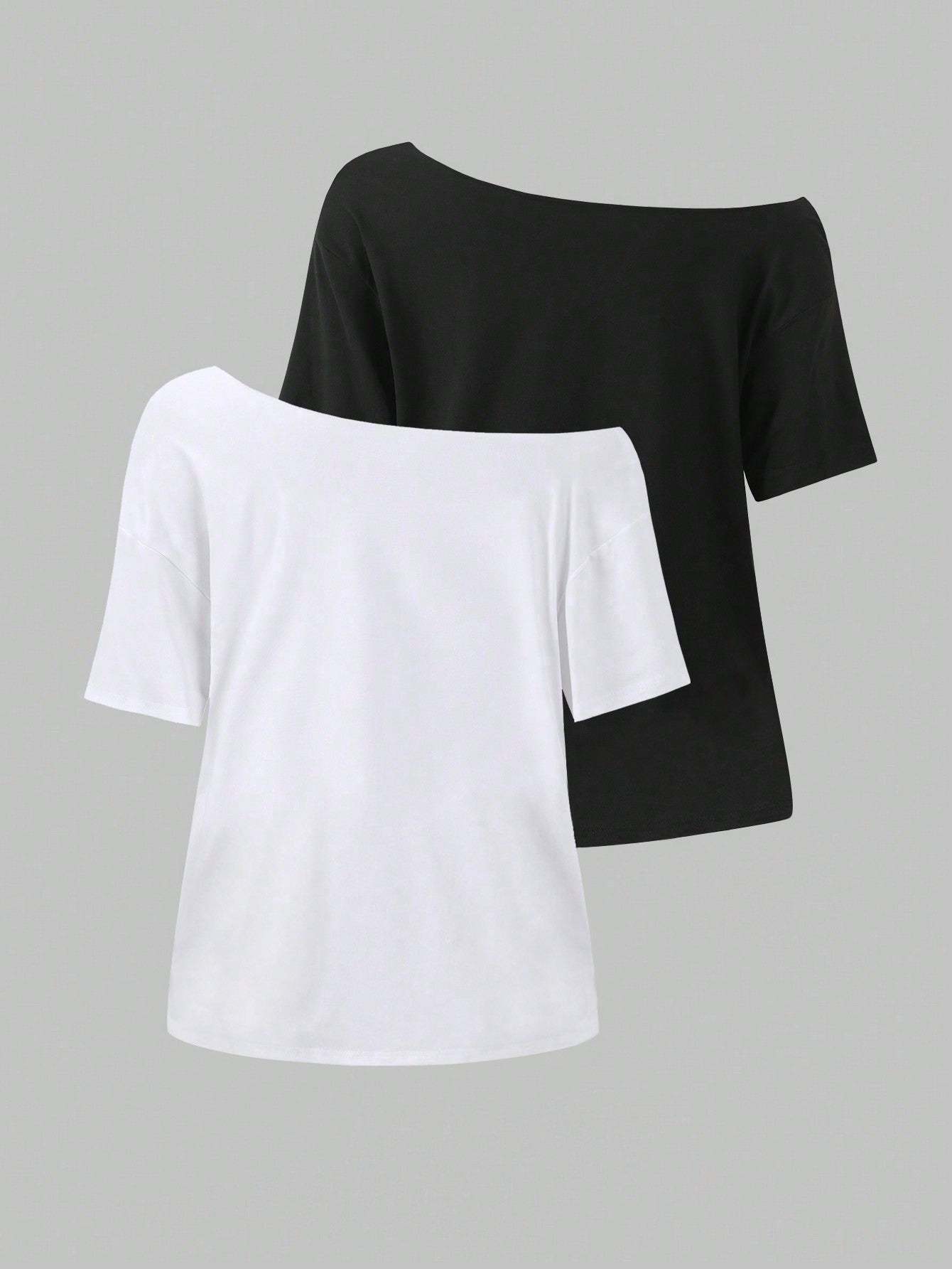 Sunnyshic 2pcs Women Oversized Loose Oblique Shoulder T-Shirts, Spring New Arrival