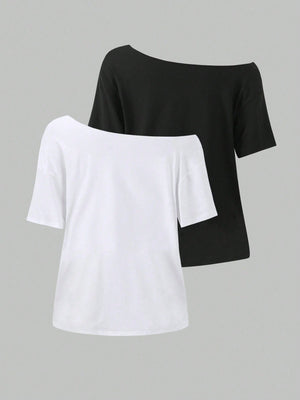 Sunnyshic 2pcs Women Oversized Loose Oblique Shoulder T-Shirts, Spring New Arrival