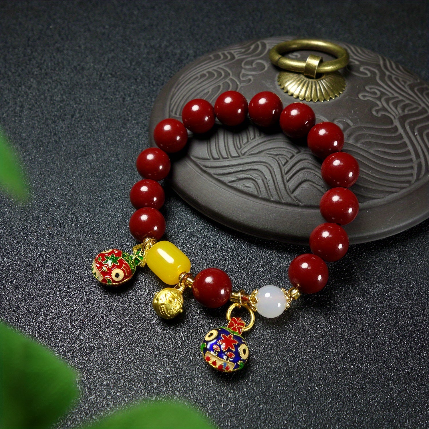 1pc Natural Ore Cinnabar Bracelet Auspicious Three Treasures Ethnic Style Bracelet