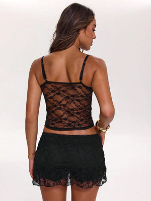 SHEIN BAE Strappy Lace Padded Sexy Crop Top, Suitable For Music Festival, Party, Streetwear And Casual Outings, Early Spring