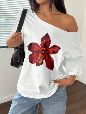 Sunnyshic Asymmetrical Shoulder Loose Lily Flower Print T-Shirt, Oversized Y2K Style Graphic Tees Women Tops