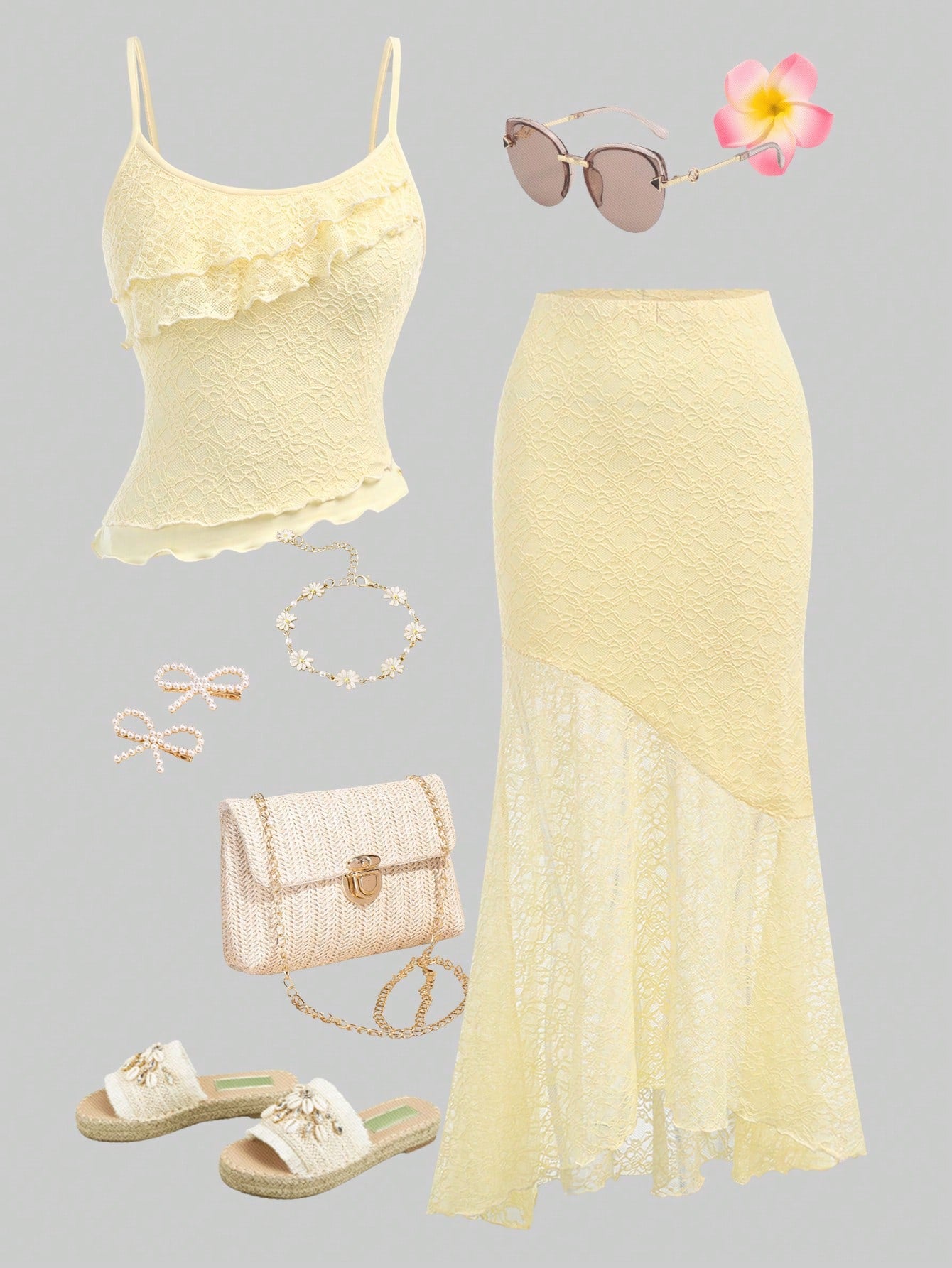 Girlism 2pcs/Set TEENGIRL Resort & Wedding Lace Asymmetric Hem Top And Low Waist Fishtail Ruffle Asymmetrical Hem Skirt, Elegant Wedding Outfit