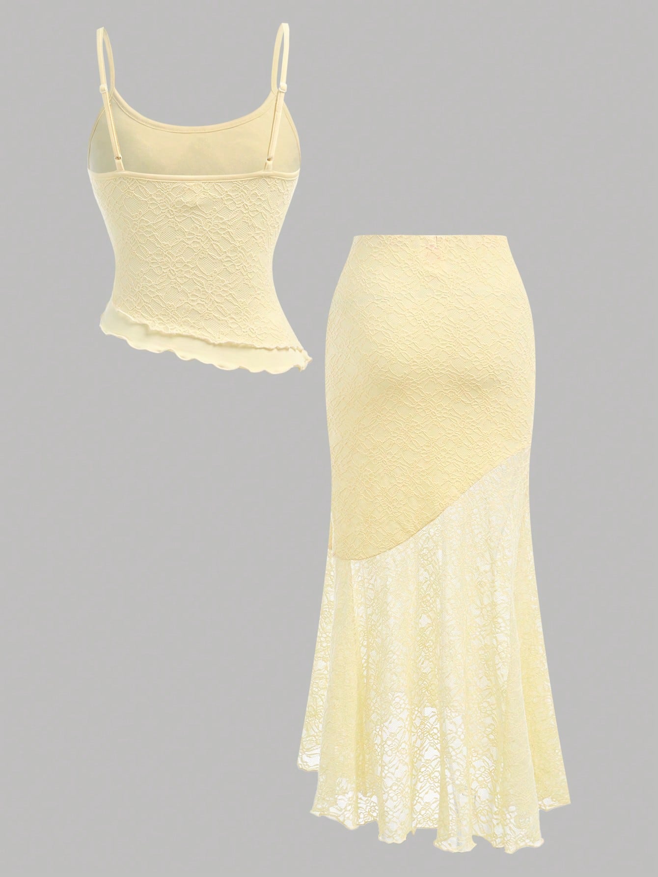 Girlism 2pcs/Set TEENGIRL Resort & Wedding Lace Asymmetric Hem Top And Low Waist Fishtail Ruffle Asymmetrical Hem Skirt, Elegant Wedding Outfit