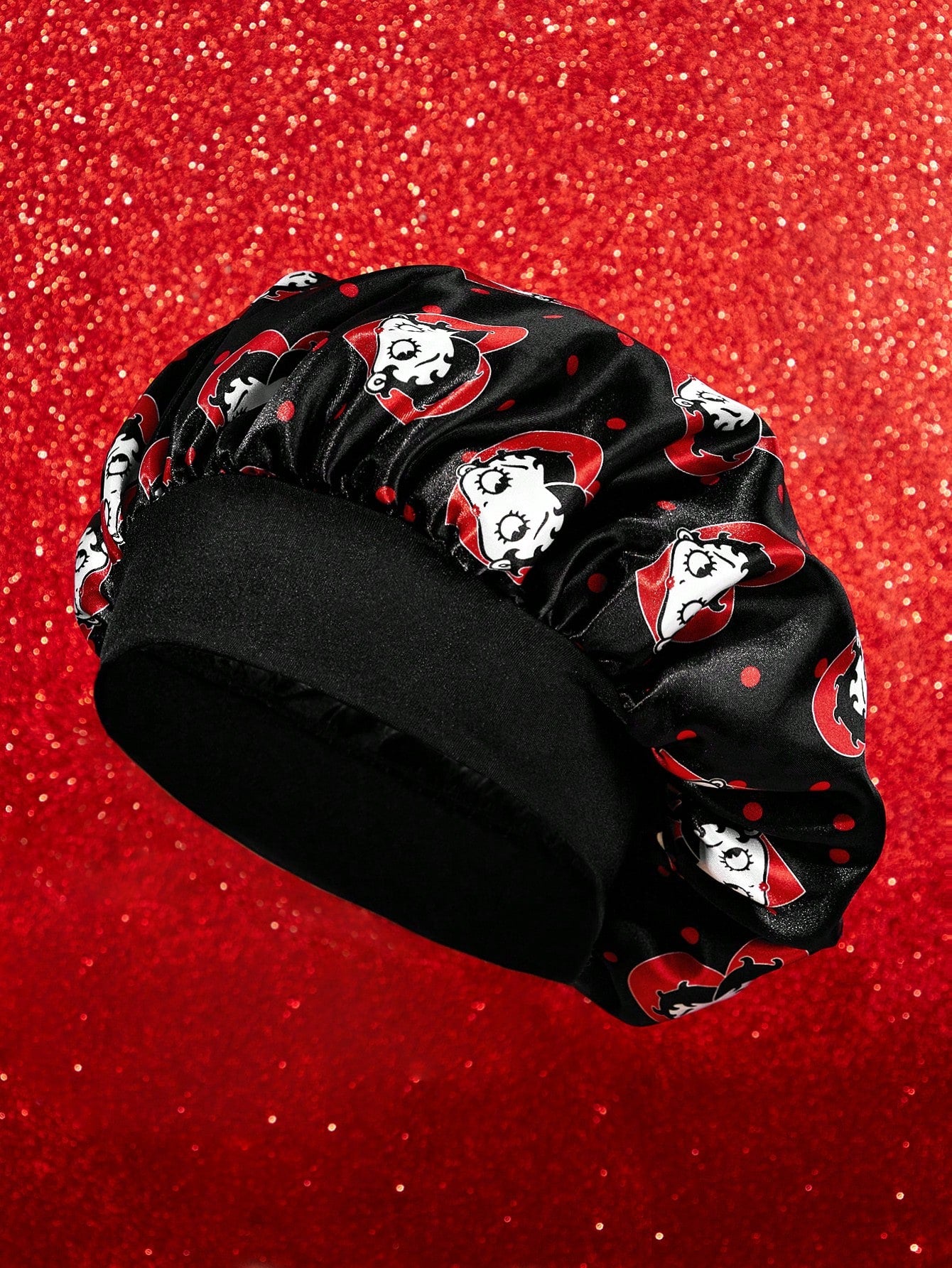 Betty Boop x SHEIN Upgraded Double-Layer Women's Hair Care Cap, Wide Elastic Satin Polka Dot Print Sleep Cap, Soft & Comfortable For Daily Home, Sleeping