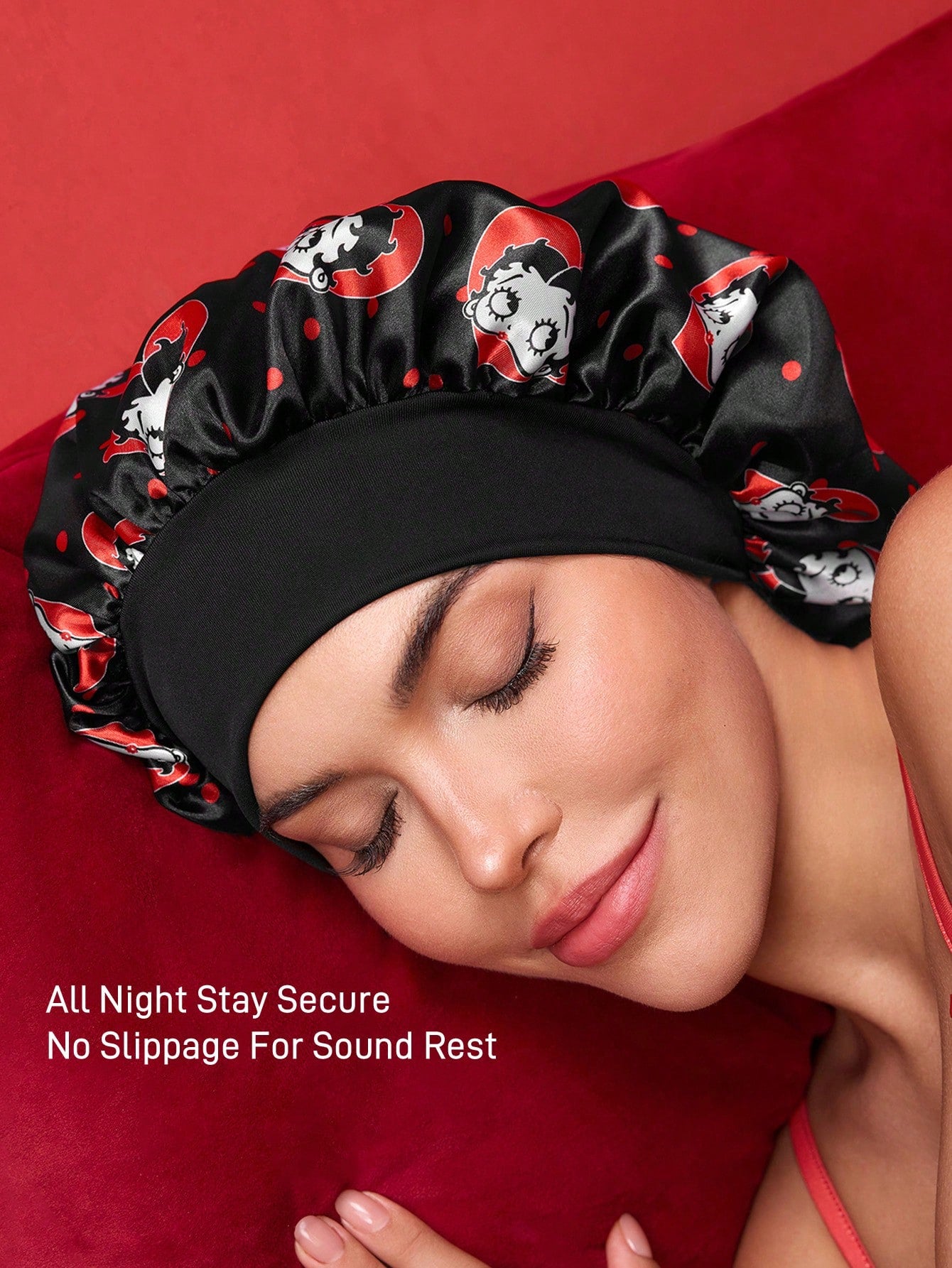 Betty Boop x SHEIN Upgraded Double-Layer Women's Hair Care Cap, Wide Elastic Satin Polka Dot Print Sleep Cap, Soft & Comfortable For Daily Home, Sleeping