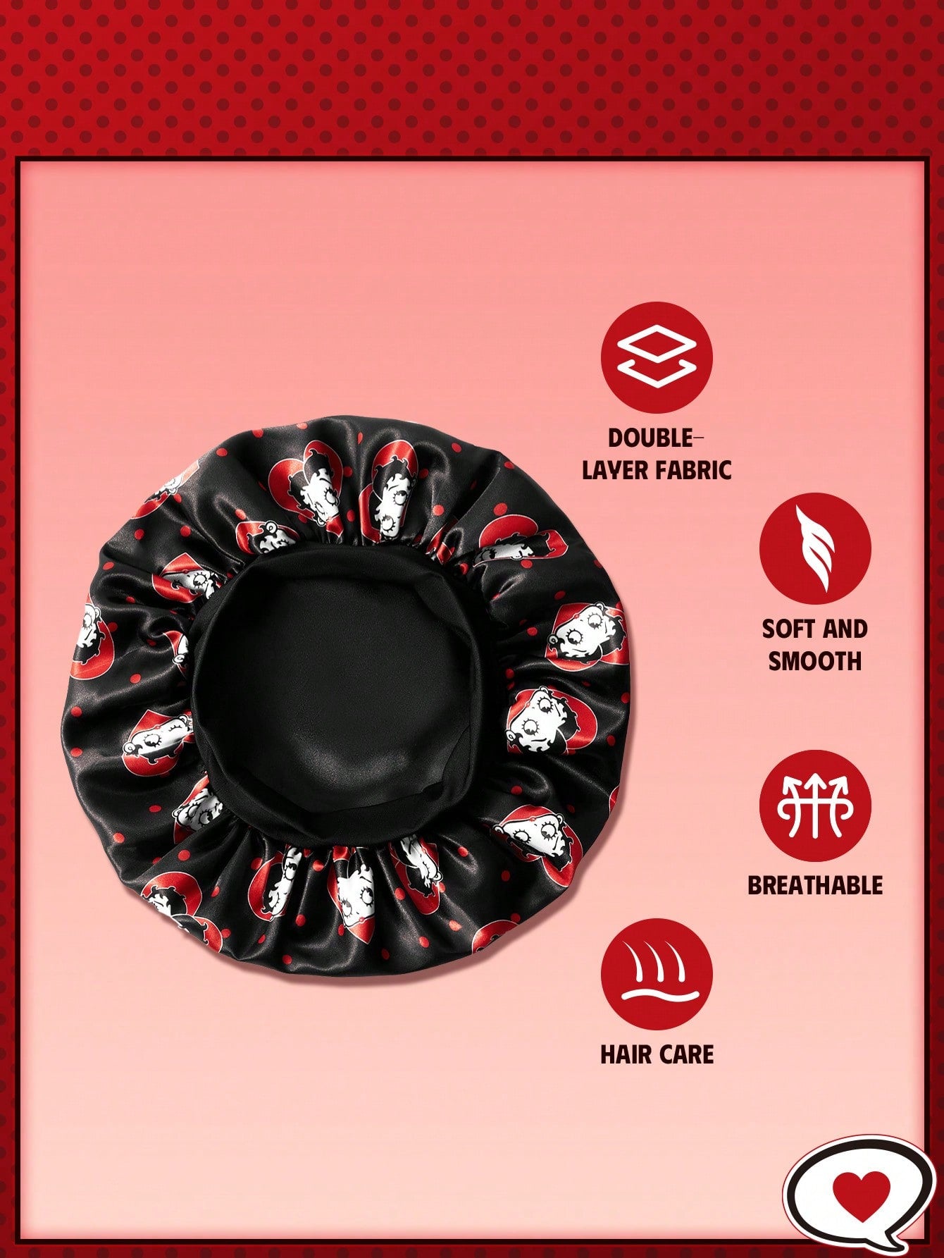 Betty Boop x SHEIN Upgraded Double-Layer Women's Hair Care Cap, Wide Elastic Satin Polka Dot Print Sleep Cap, Soft & Comfortable For Daily Home, Sleeping