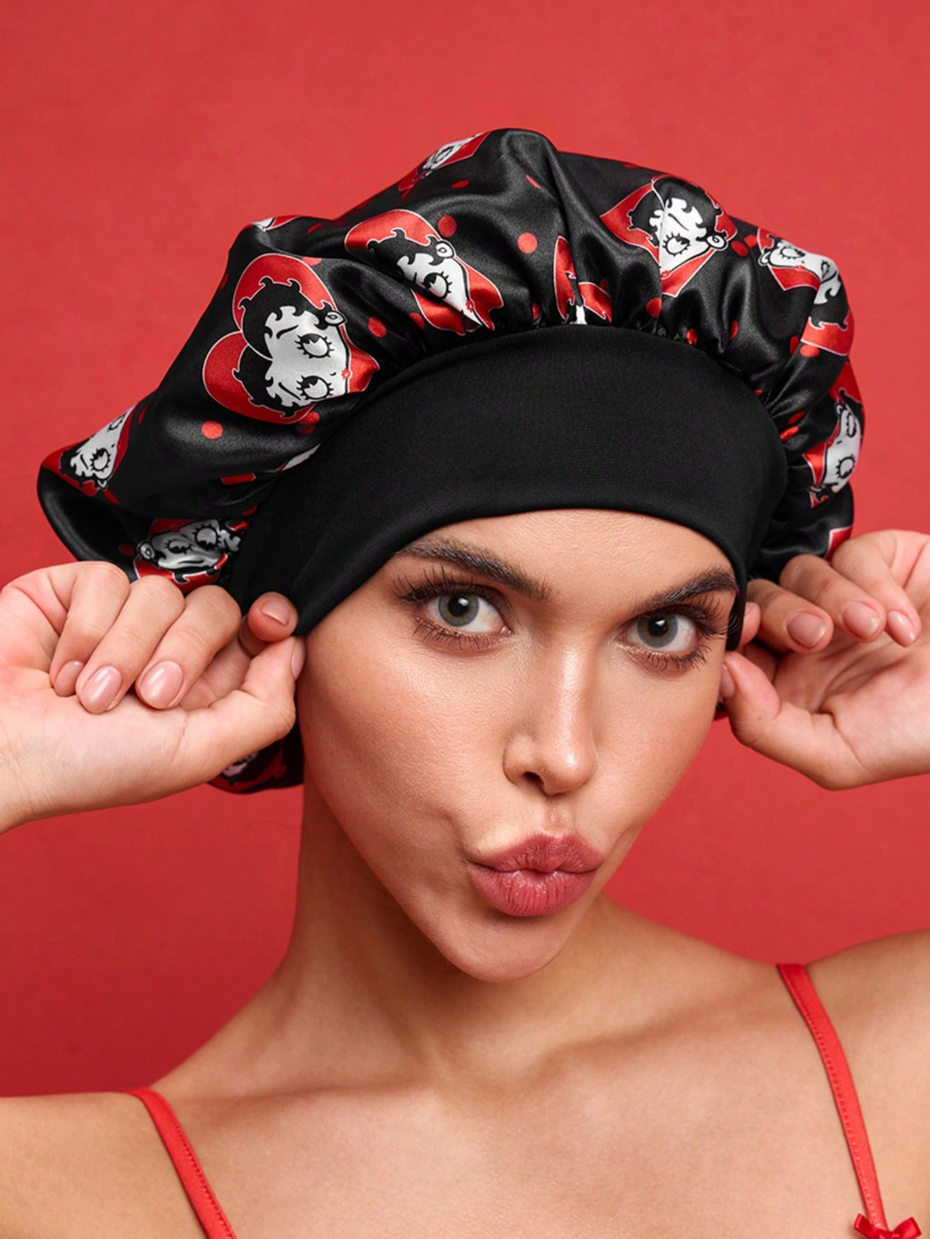 Betty Boop x SHEIN Upgraded Double-Layer Women's Hair Care Cap, Wide Elastic Satin Polka Dot Print Sleep Cap, Soft & Comfortable For Daily Home, Sleeping