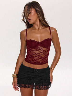 SHEIN BAE Strappy Lace Padded Sexy Crop Top, Suitable For Music Festival, Party, Streetwear And Casual Outings, Early Spring