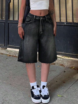 Y2K Vintage Slant Pocket Fringe Hem Wide Leg Bermuda Jeans Denim Jorts Casual Shorts