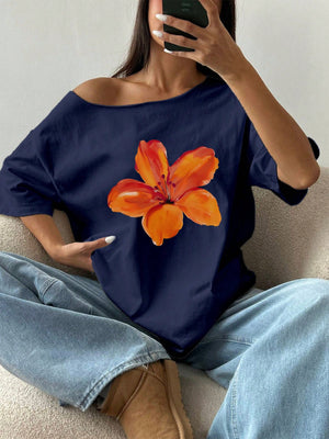 SHEIN MOOSTA Women's Loose Floral Hibiscus Off Shoulder Short Sleeve T-Shirt, Oversized, Navy Blue