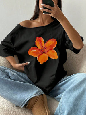 SHEIN MOOSTA Women's Loose Floral Hibiscus Off Shoulder Short Sleeve T-Shirt, Oversized, Navy Blue