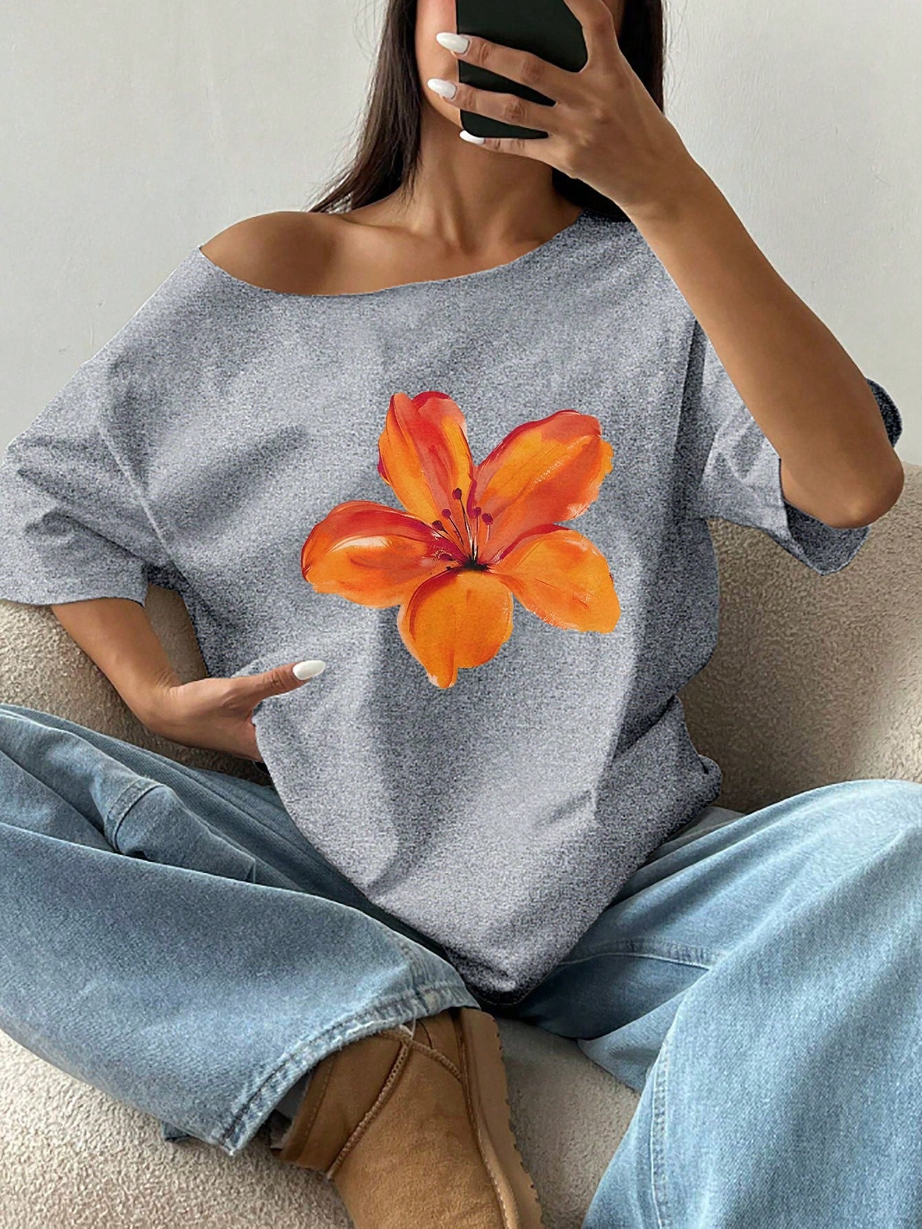 SHEIN MOOSTA Women's Loose Floral Hibiscus Off Shoulder Short Sleeve T-Shirt, Oversized, Navy Blue