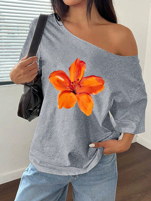 SHEIN MOOSTA Women's Loose Floral Hibiscus Off Shoulder Short Sleeve T-Shirt, Oversized, Navy Blue