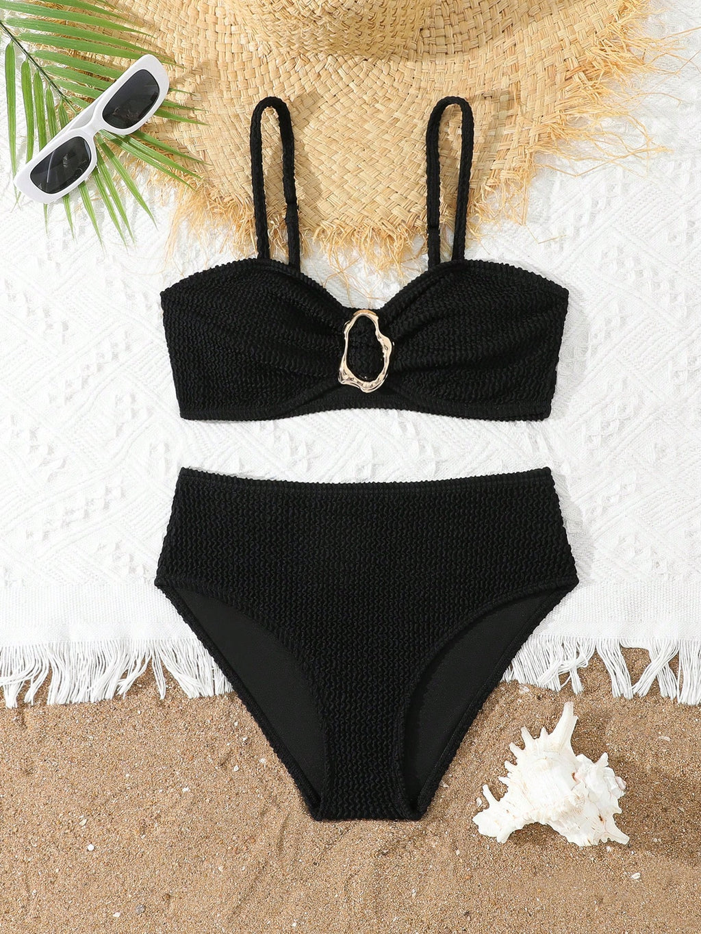 Tween Girl's Elegant Simple Apricot Color Bikini Set With Starfish Decor, Suitable For Holiday, Beach, Swimming,  Summer Bathing Suits For Teens