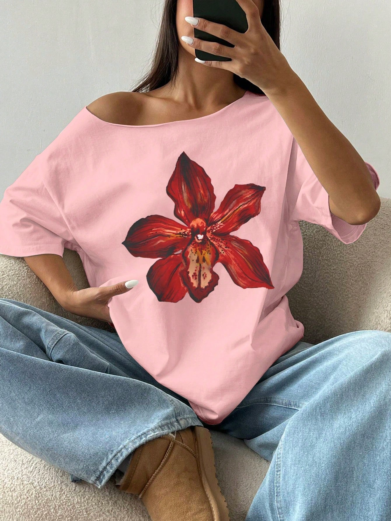 Sunnyshic Asymmetrical Shoulder Loose Lily Flower Print T-Shirt, Oversized Y2K Style Graphic Tees Women Tops