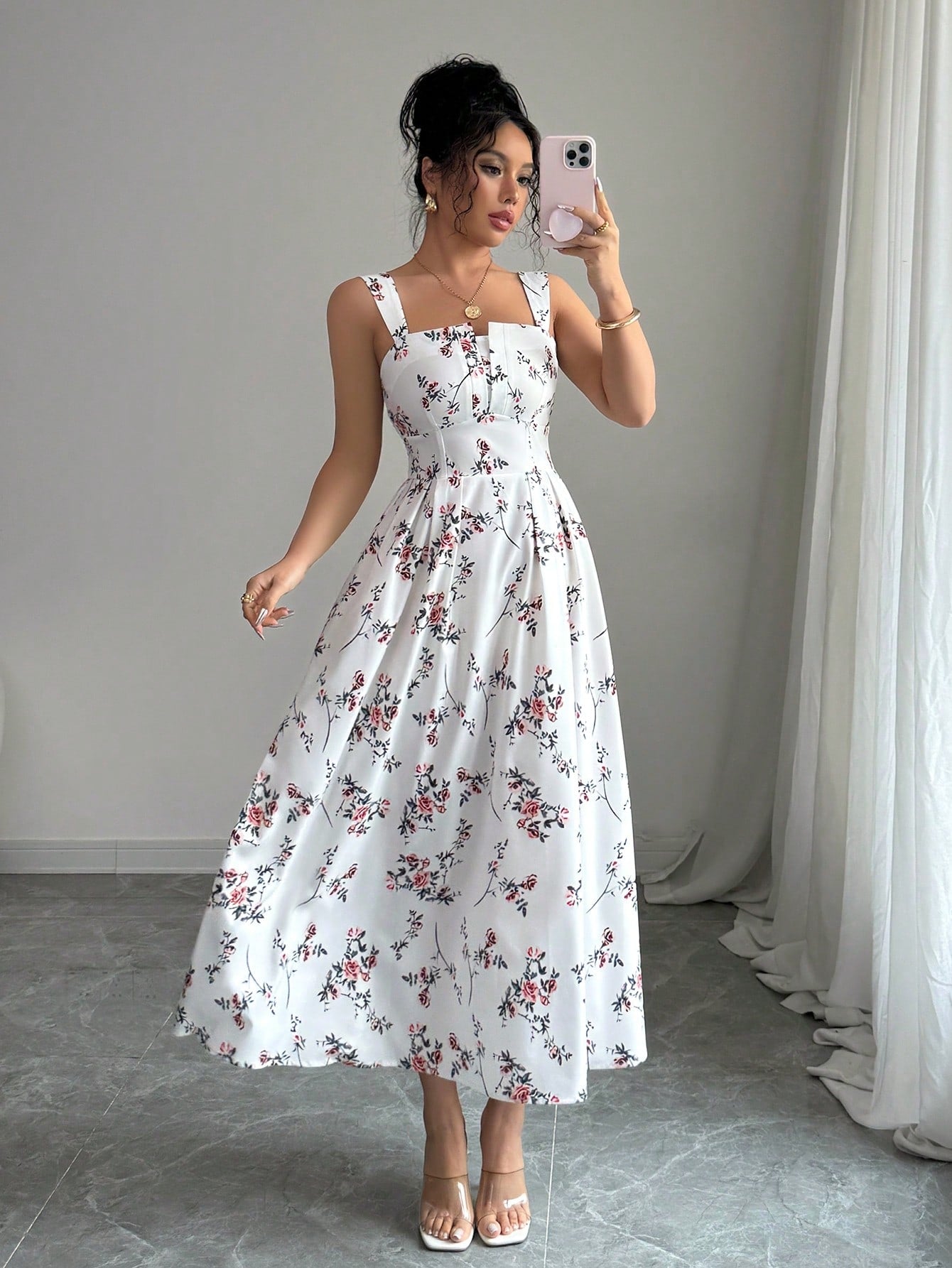 Elenzga Elegant Floral Print Waist Ruffle Long Dress For Women, Spring/Summer Latest Collection