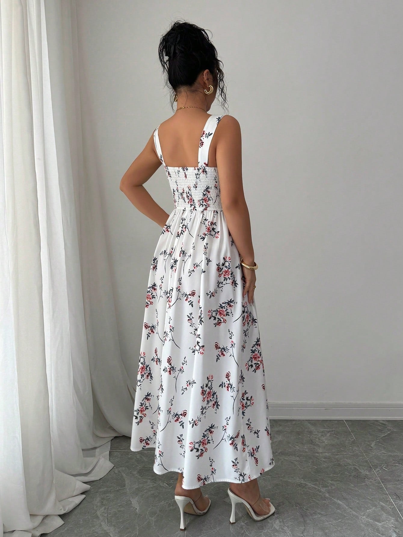 Elenzga Elegant Floral Print Waist Ruffle Long Dress For Women, Spring/Summer Latest Collection