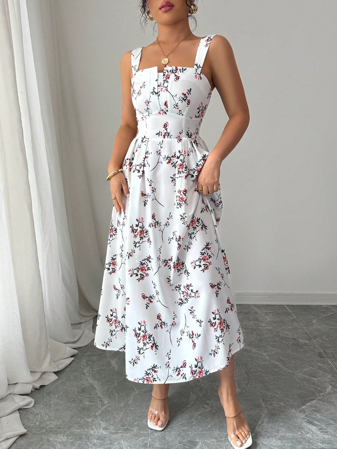 Elenzga Elegant Floral Print Waist Ruffle Long Dress For Women, Spring/Summer Latest Collection
