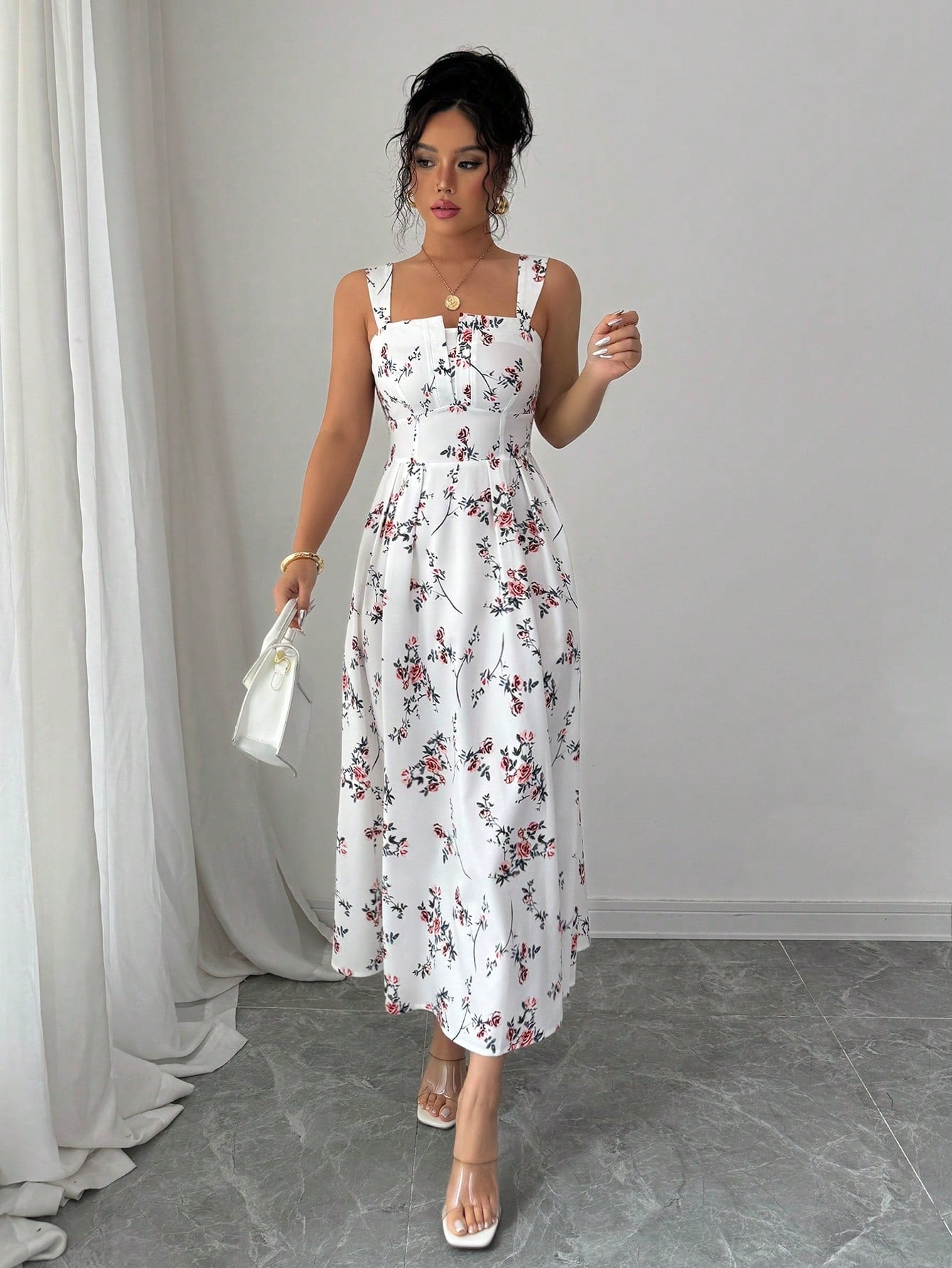 Elenzga Elegant Floral Print Waist Ruffle Long Dress For Women, Spring/Summer Latest Collection