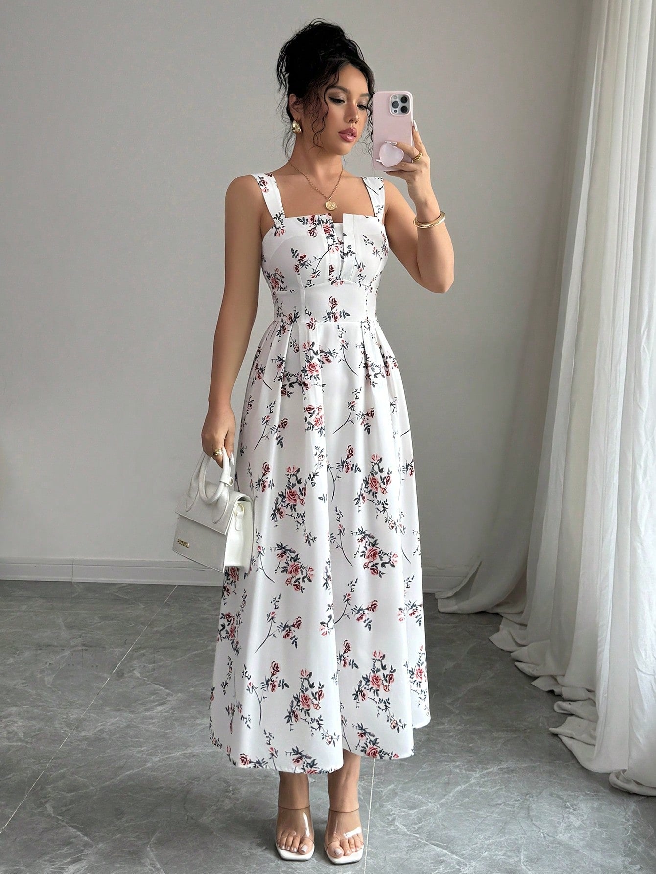Elenzga Elegant Floral Print Waist Ruffle Long Dress For Women, Spring/Summer Latest Collection