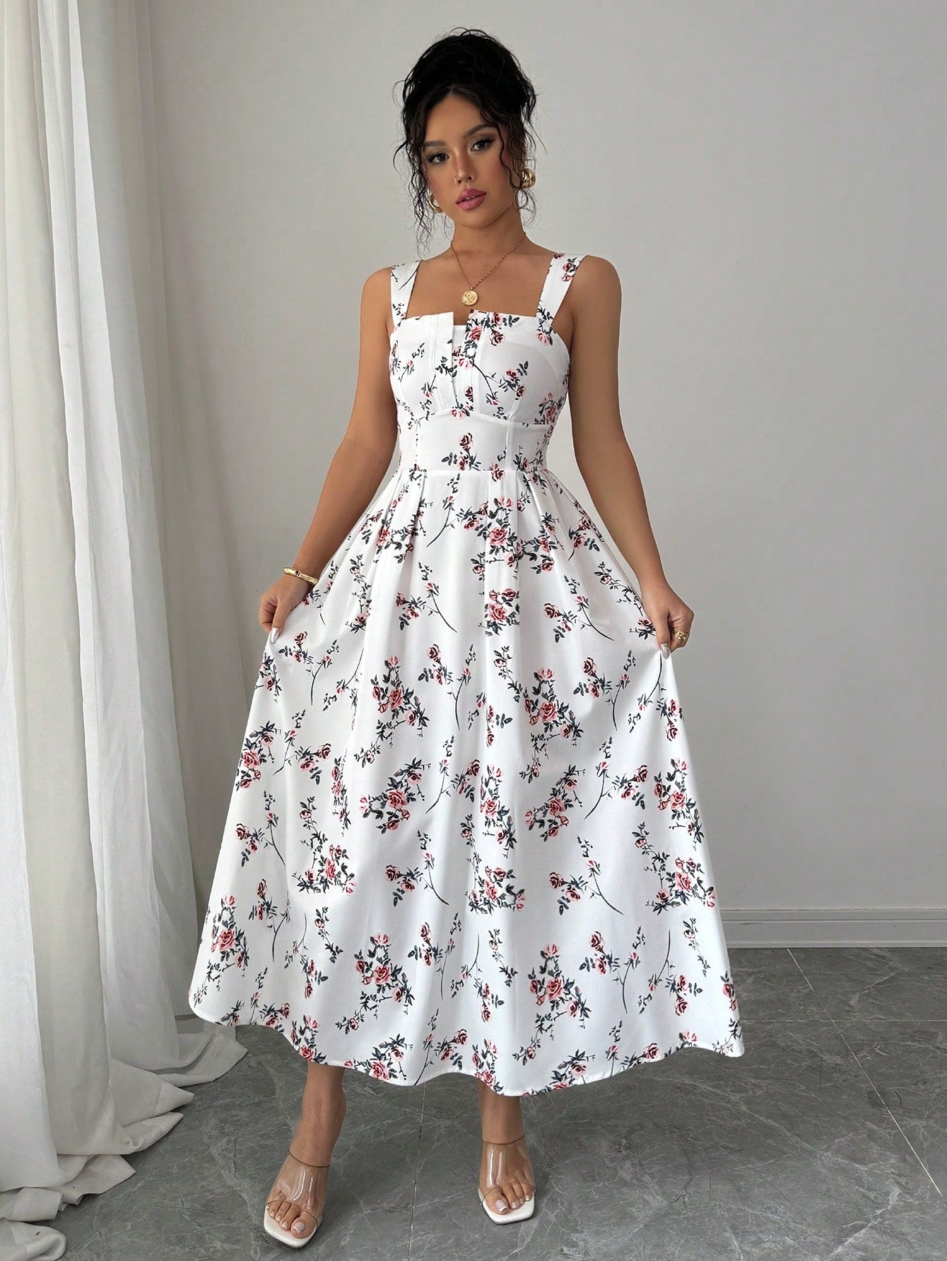 Elenzga Elegant Floral Print Waist Ruffle Long Dress For Women, Spring/Summer Latest Collection