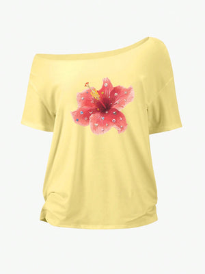 Sunnyshic Asymmetrical Shoulder Loose Lily Flower Print T-Shirt, Oversized Y2K Style Graphic Tees Women Tops