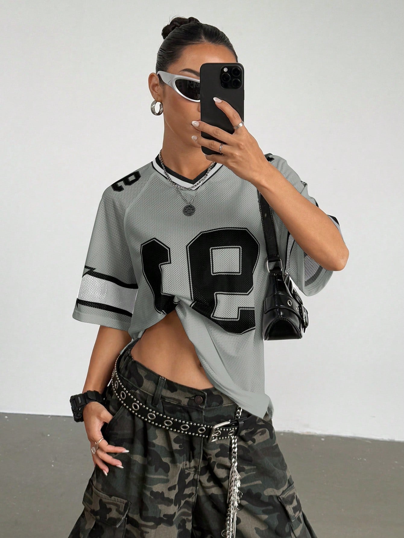 Flirla Women's Numeric Print Short Sleeve Mesh Colorblock Loose Fit Sports T-Shirt, Spring/Summer Graphic Tees Women Tops