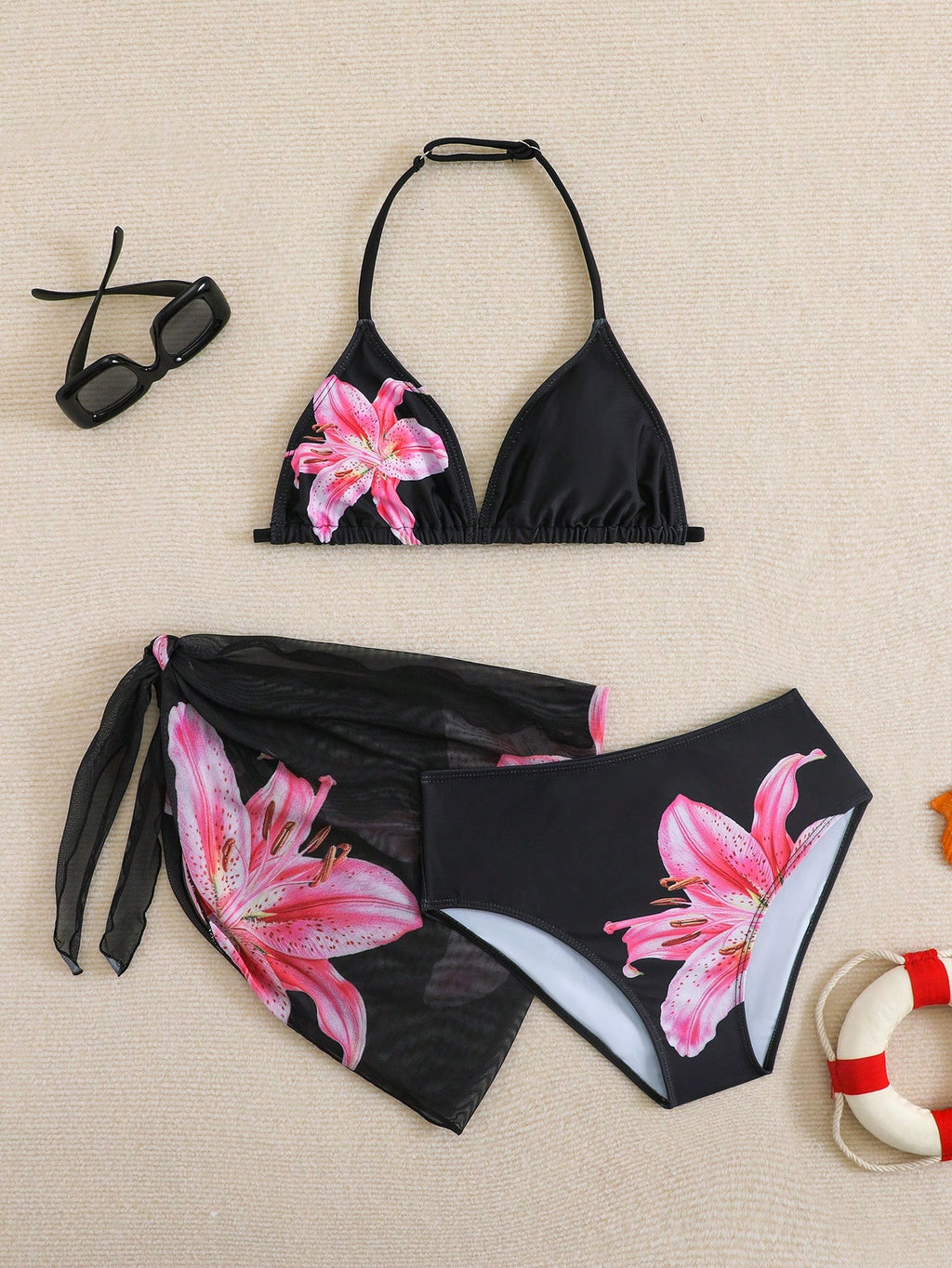 SHEIN Cute Tween GirlsDitsy Floral Triangle Bikini Swimsuit Set With Sarong (Print Style Random) Young Girls Sets Swim Suits For Women Womens Bathing Suit Set Bathing Suits For Teens Top