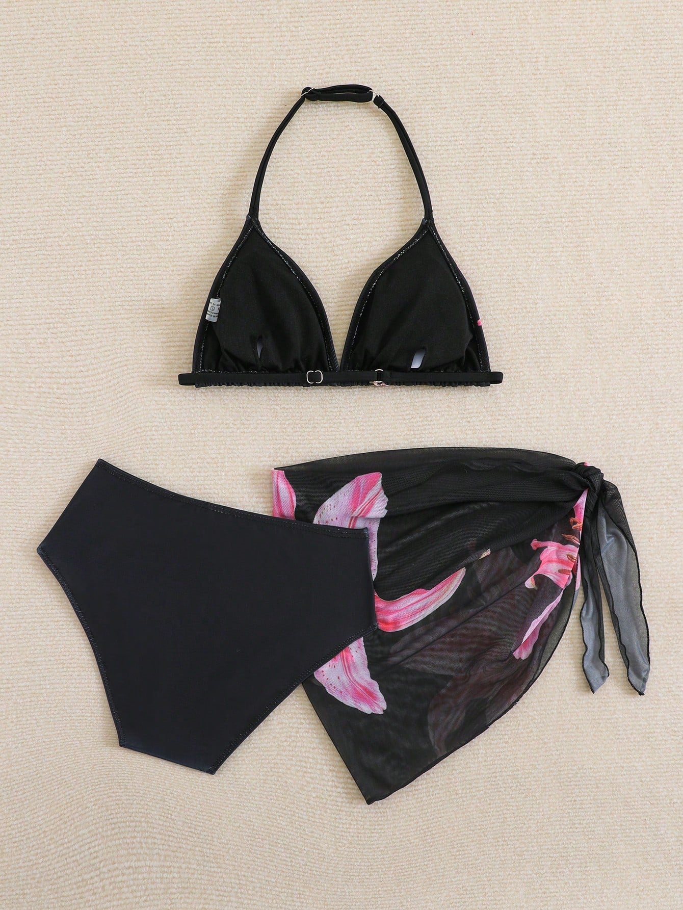 SHEIN Cute Tween GirlsDitsy Floral Triangle Bikini Swimsuit Set With Sarong (Print Style Random) Young Girls Sets Swim Suits For Women Womens Bathing Suit Set Bathing Suits For Teens Top