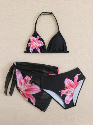 SHEIN Cute Tween GirlsDitsy Floral Triangle Bikini Swimsuit Set With Sarong (Print Style Random) Young Girls Sets Swim Suits For Women Womens Bathing Suit Set Bathing Suits For Teens Top