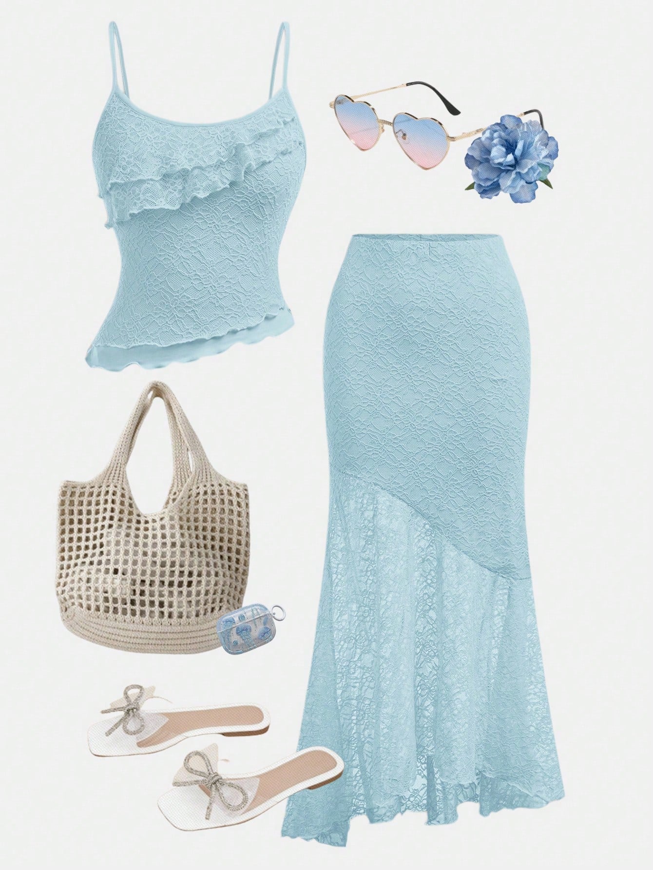 Girlism 2pcs/Set TEENGIRL Resort & Wedding Lace Asymmetric Hem Top And Low Waist Fishtail Ruffle Asymmetrical Hem Skirt, Elegant Wedding Outfit