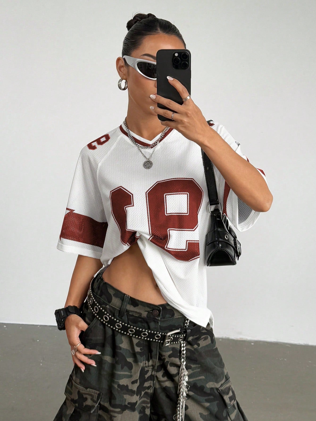 Flirla Women's Numeric Print Short Sleeve Mesh Colorblock Loose Fit Sports T-Shirt, Spring/Summer Graphic Tees Women Tops