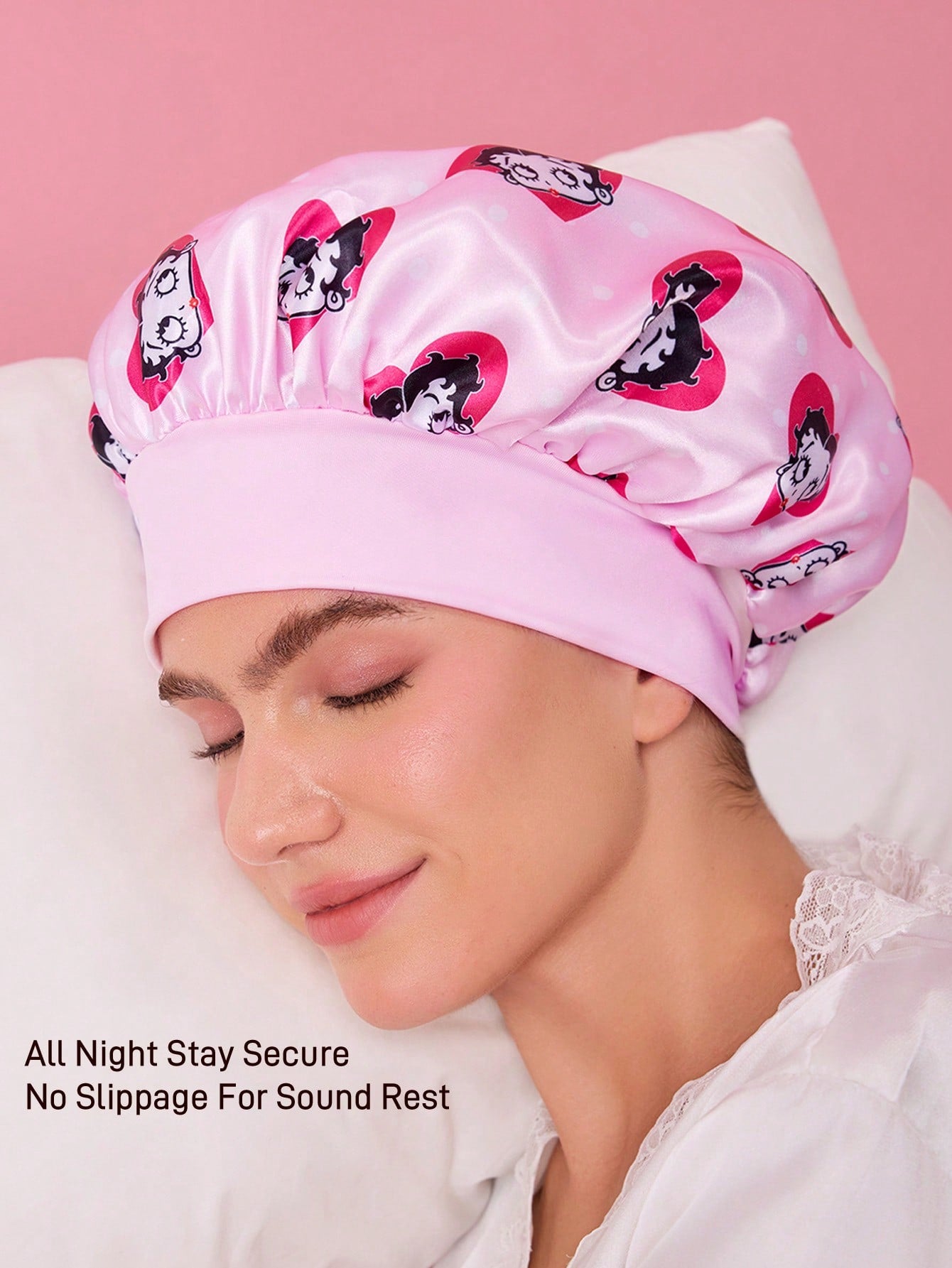 Betty Boop x SHEIN Upgraded Double-Layer Women's Hair Care Cap, Wide Elastic Satin Polka Dot Print Sleep Cap, Soft & Comfortable For Daily Home, Sleeping