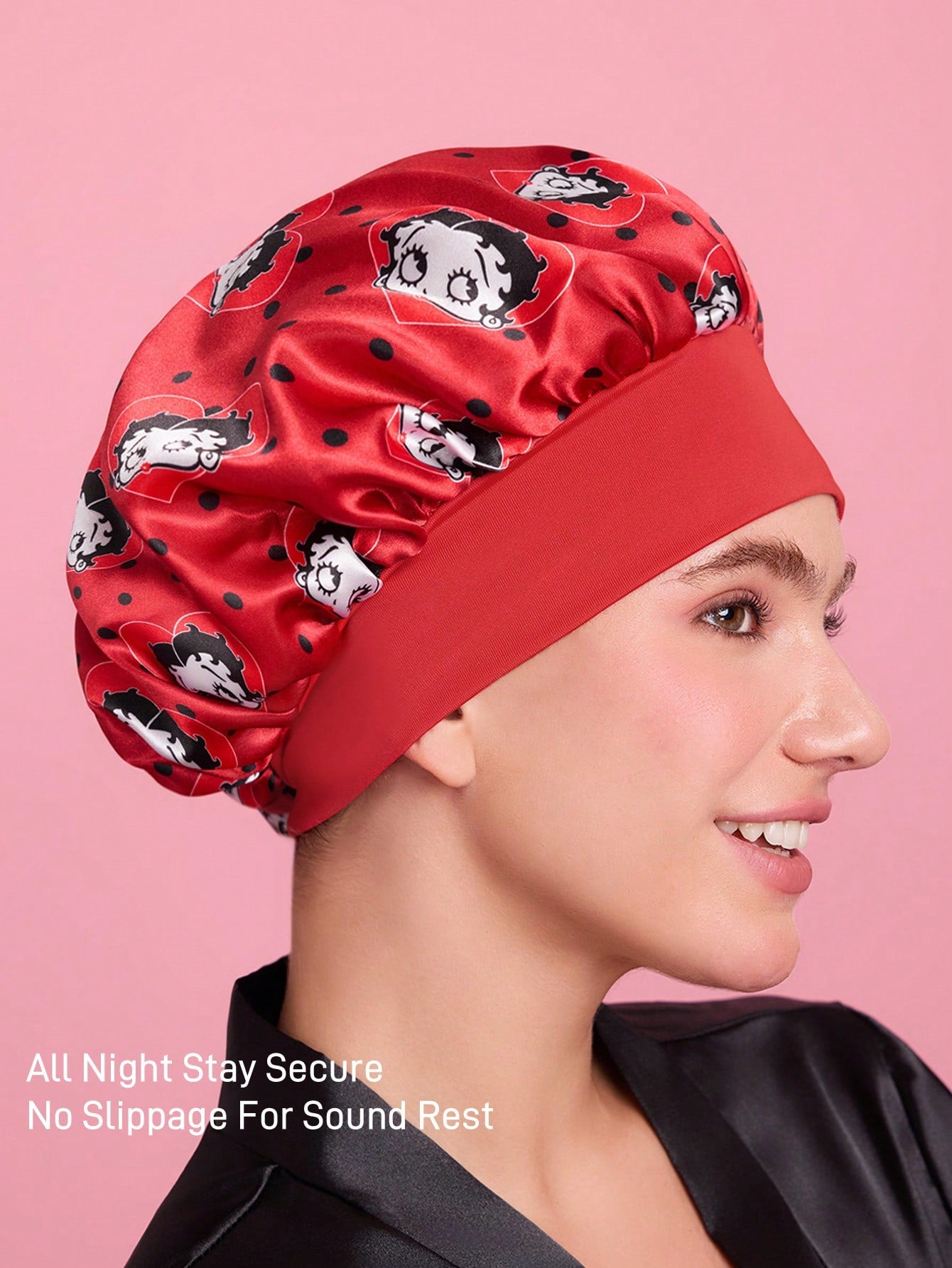Betty Boop x SHEIN Upgraded Double-Layer Women's Hair Care Cap, Wide Elastic Satin Polka Dot Print Sleep Cap, Soft & Comfortable For Daily Home, Sleeping