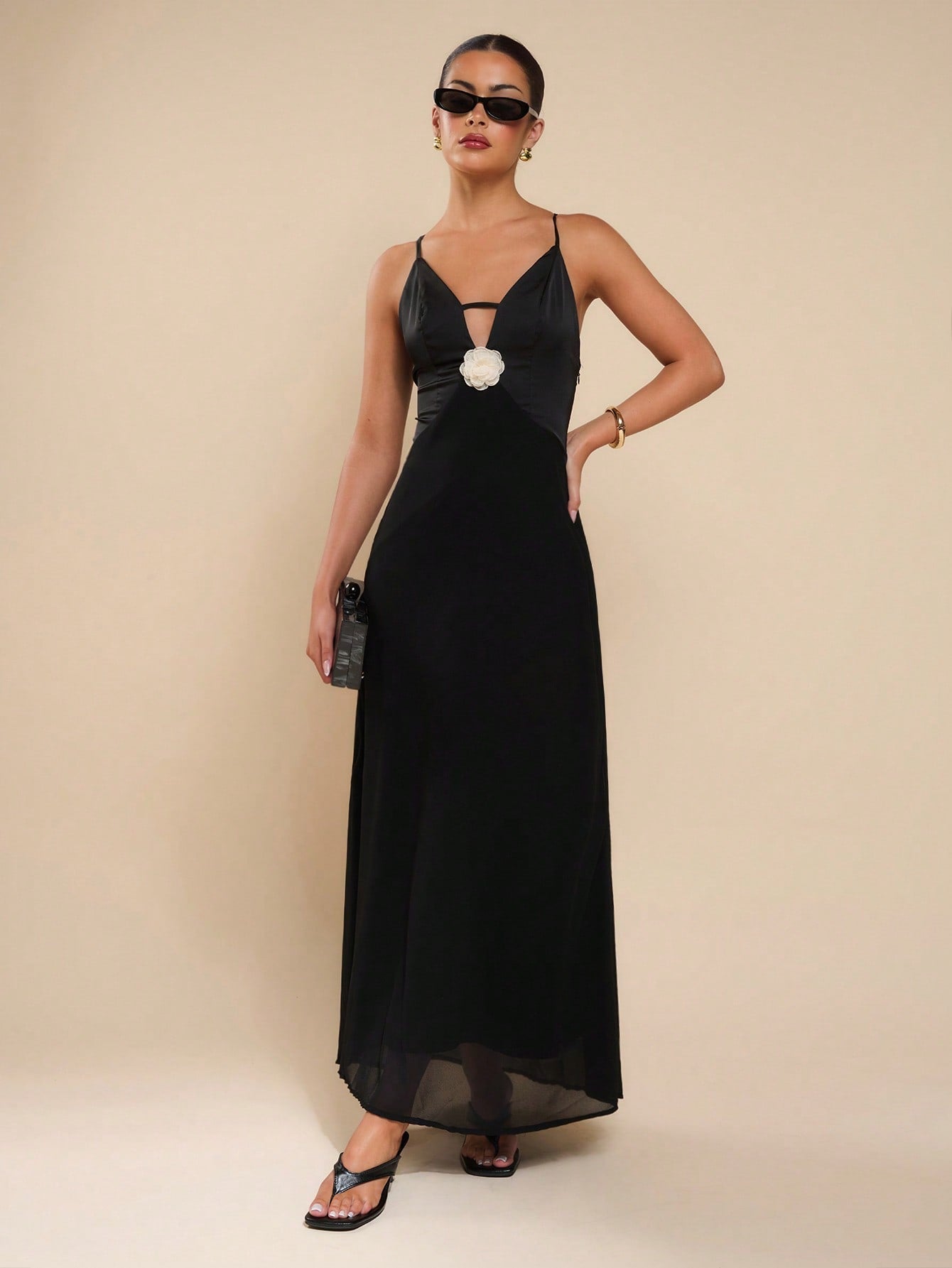 COSMINA Women Elegant Satin Metal 3D Flower Patchwork Dress For Wedding, Party, Spring/Summer