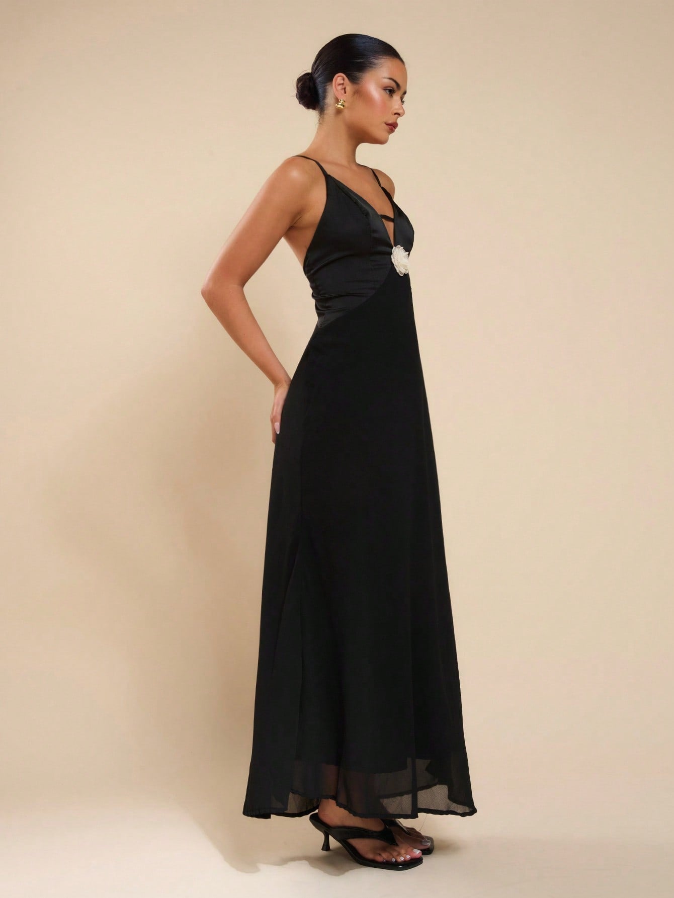 COSMINA Women Elegant Satin Metal 3D Flower Patchwork Dress For Wedding, Party, Spring/Summer