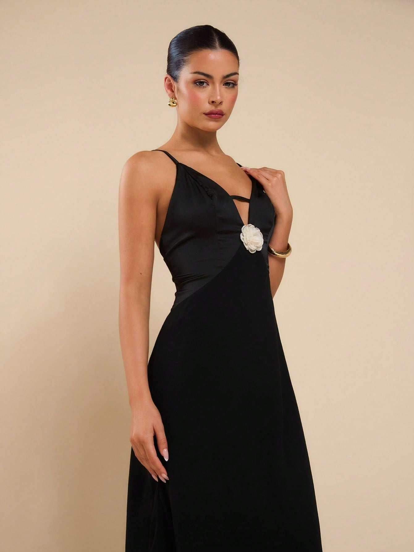 COSMINA Women Elegant Satin Metal 3D Flower Patchwork Dress For Wedding, Party, Spring/Summer