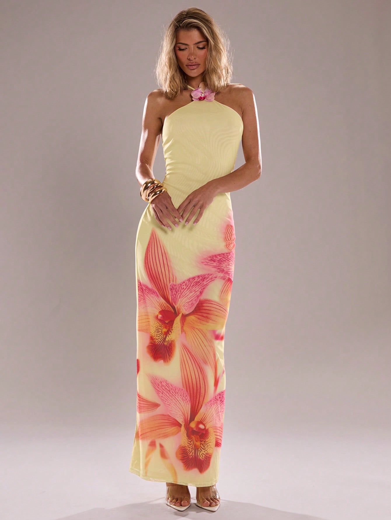 SHEIN BAE Women's Summer Casual Vacation Butter Yellow Print Hanging Neck Butterfly Orchid Embellishment Cong Long Women's Dress, Vacation Outfits Woman, Vacation Dress