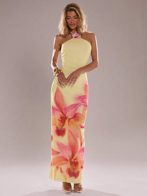 SHEIN BAE Women's Summer Casual Vacation Butter Yellow Print Hanging Neck Butterfly Orchid Embellishment Cong Long Women's Dress, Vacation Outfits Woman, Vacation Dress