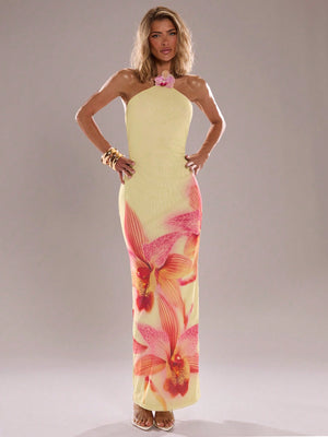 SHEIN BAE Women's Summer Casual Vacation Butter Yellow Print Hanging Neck Butterfly Orchid Embellishment Cong Long Women's Dress, Vacation Outfits Woman, Vacation Dress