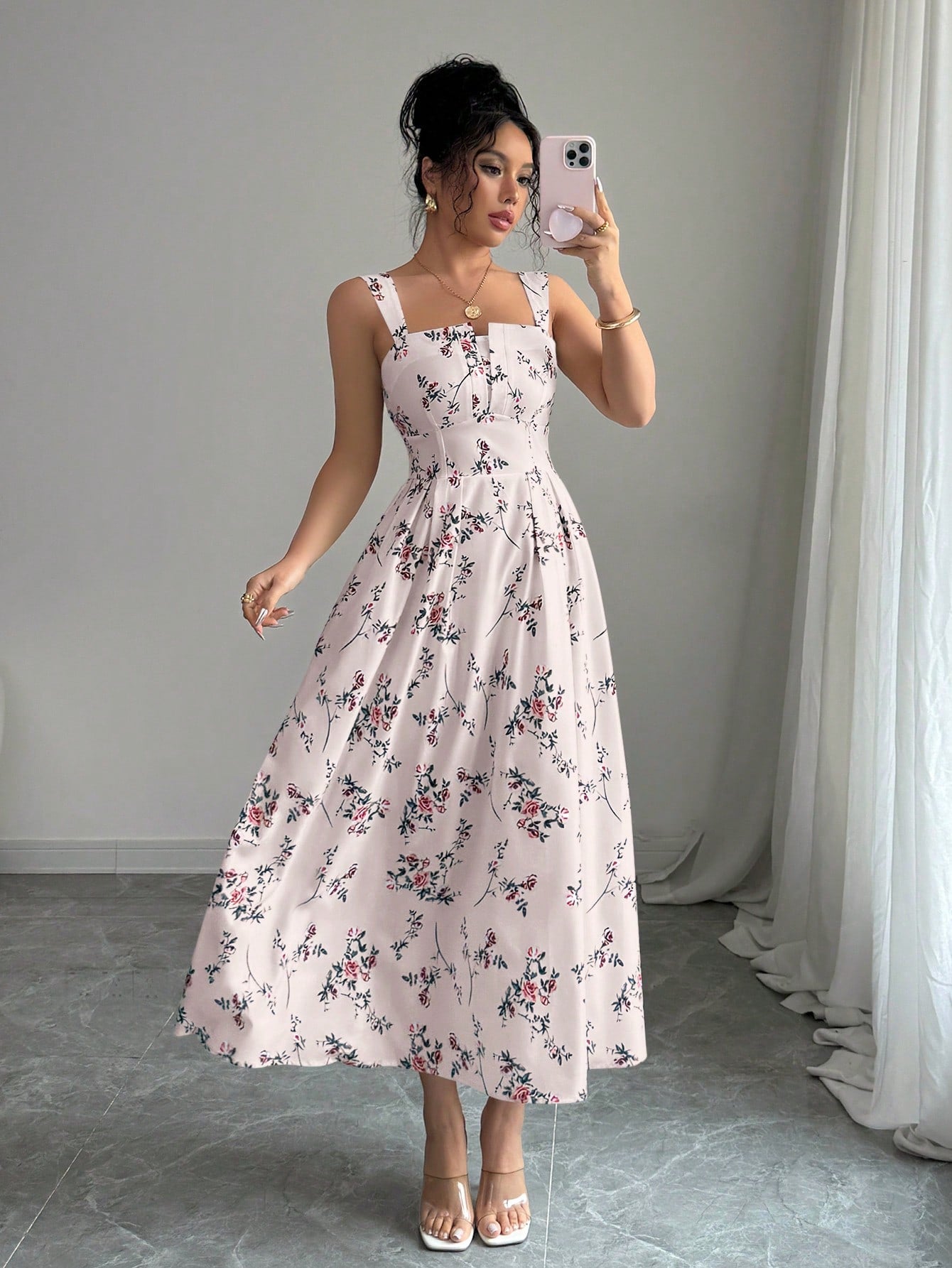 Elenzga Elegant Floral Print Waist Ruffle Long Dress For Women, Spring/Summer Latest Collection