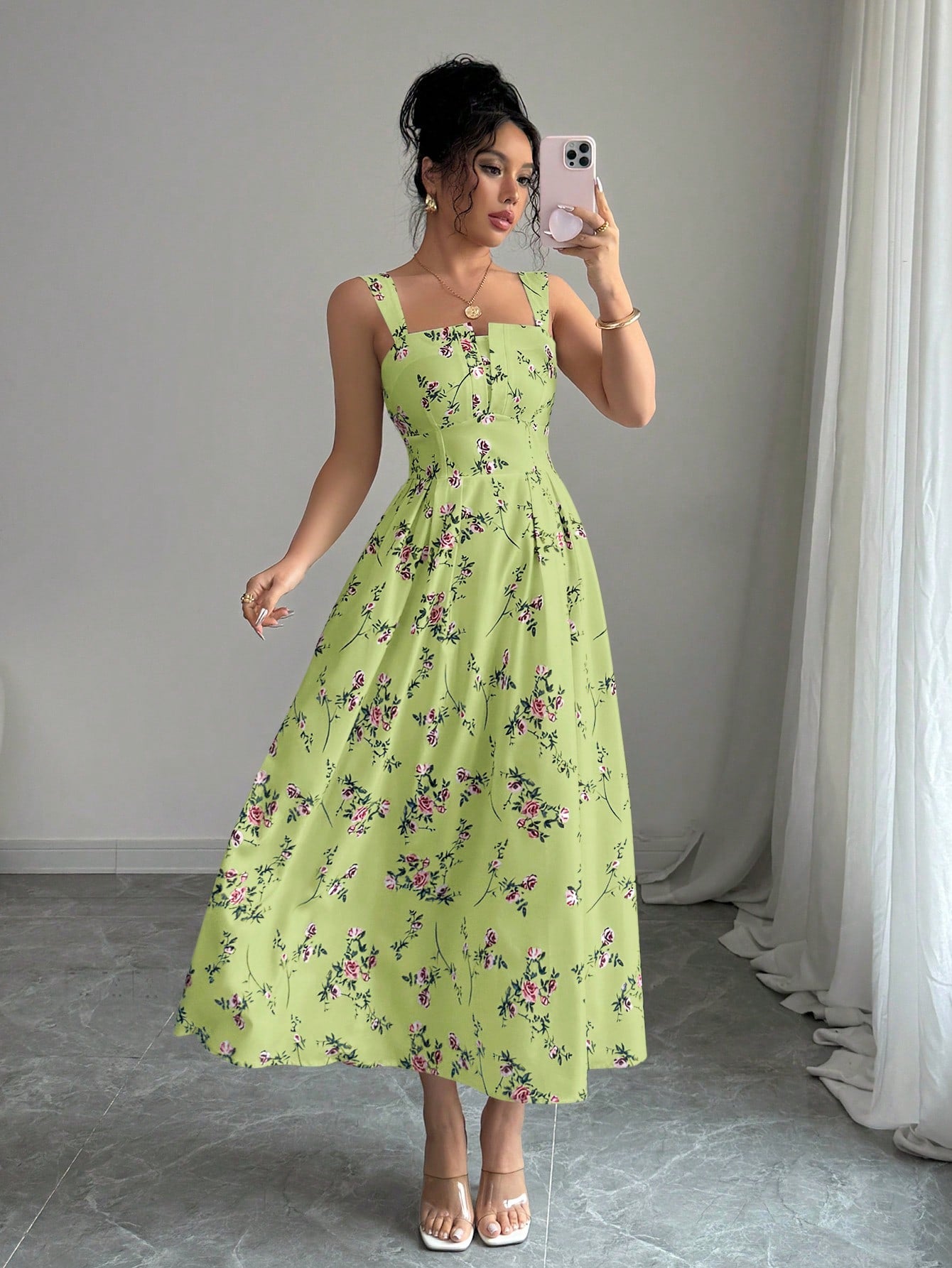 Elenzga Elegant Floral Print Waist Ruffle Long Dress For Women, Spring/Summer Latest Collection