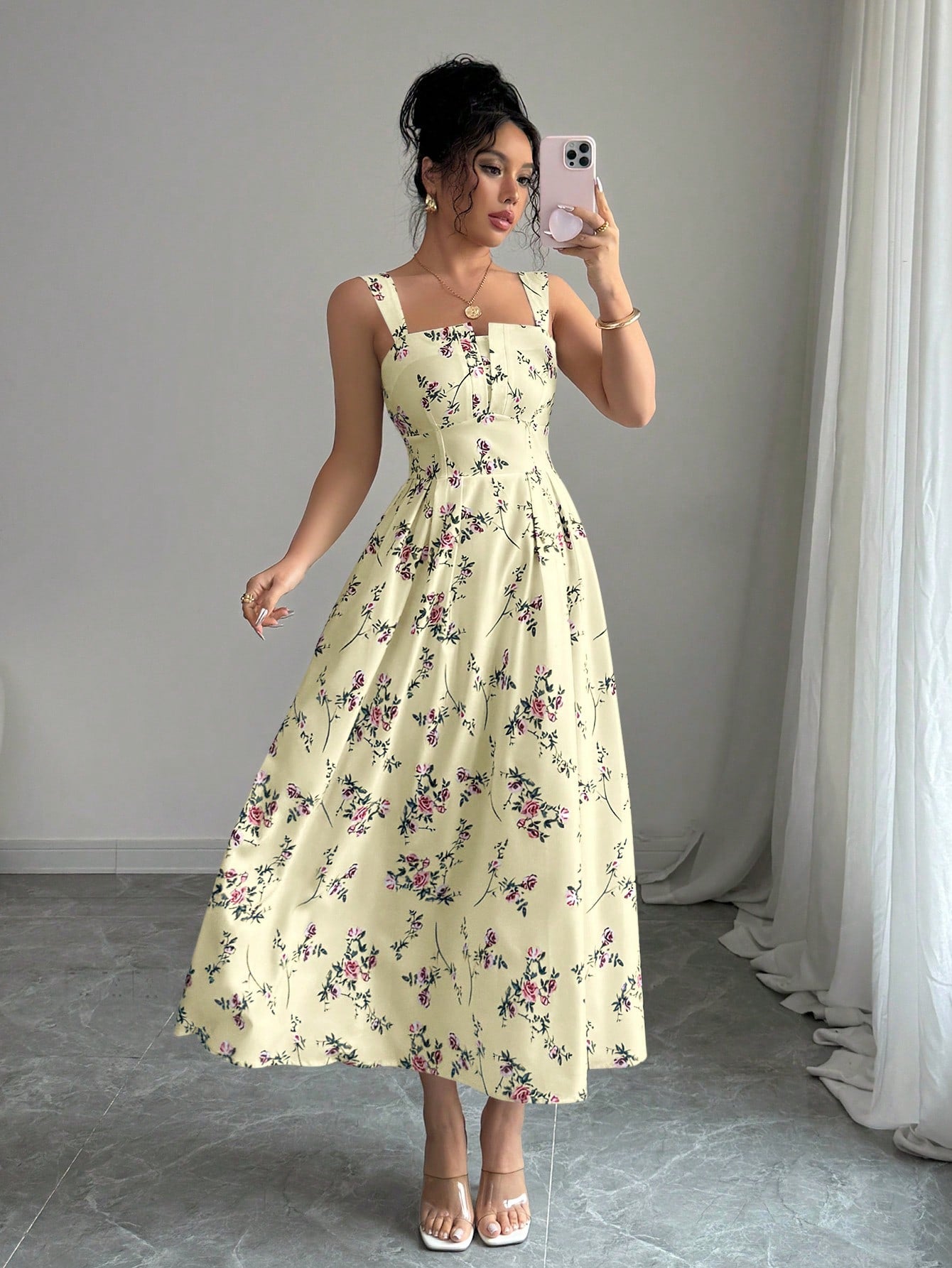 Elenzga Elegant Floral Print Waist Ruffle Long Dress For Women, Spring/Summer Latest Collection
